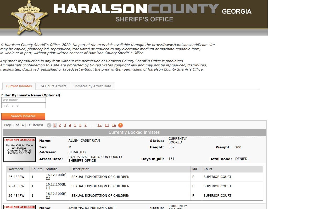 Haralson County warrant records custody search controls
